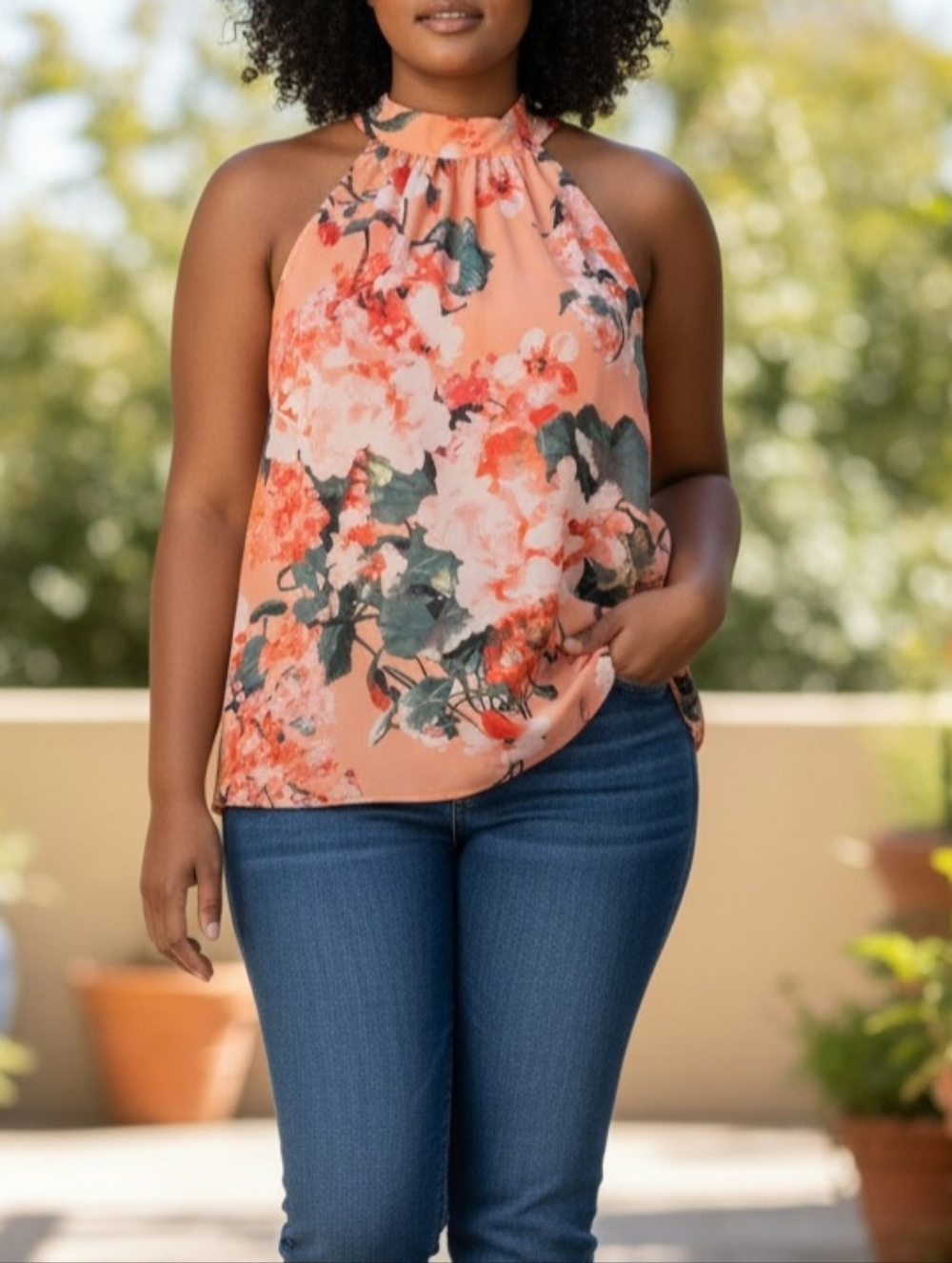 Sleeveless 7th Ave New York And Co. Pink Floral Halter Neck Top L - Picture 5 of 5